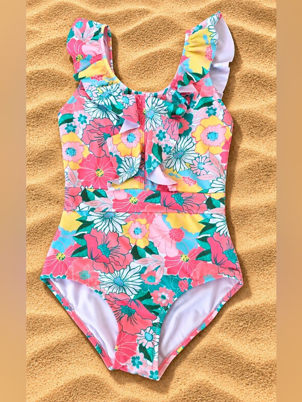 Kanu Surf Gianna Girls Size 12 Coral Floral Ruffle One Piece Swimsuit NWT